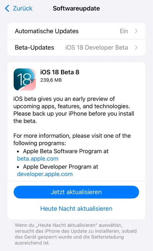 宿城苹果手机维修分享苹果 iOS / iPadOS 18 开发者预览版 Beta 8 发布 